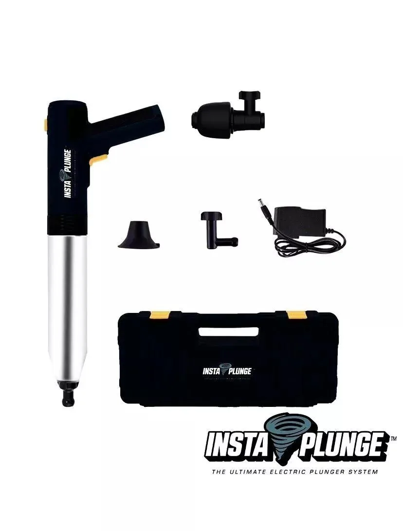 Black electric plunger unit with multiple interchangeable heads and storage bag