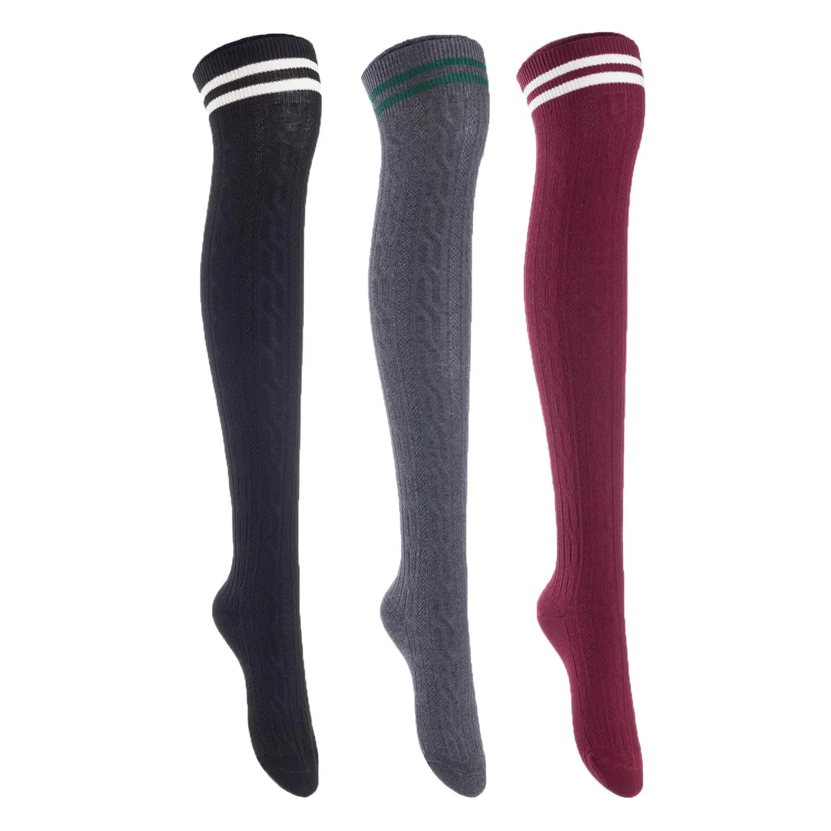 Three pairs of black, dark green and wine thigh-high cotton socks with ribbed cuffs