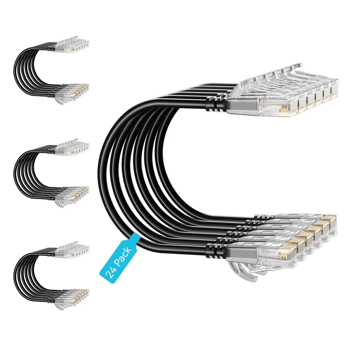 Mnlnbuao Cat6a Slim Patch Cable 5ft 24-Pack Black 30AWG 10Gbps 550MHz — product photo