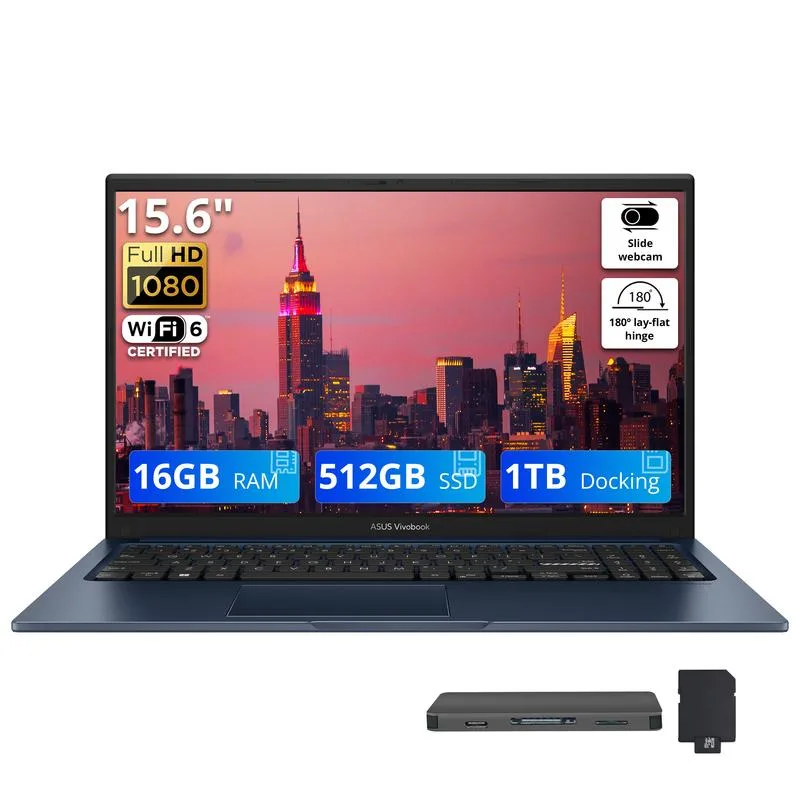 ASUS ASUS Vivobook 15.6" FHD business laptop Intel Core 3 100U 16GB DDR5 512GB SSD + 1TB dock Quiet Blue — product photo