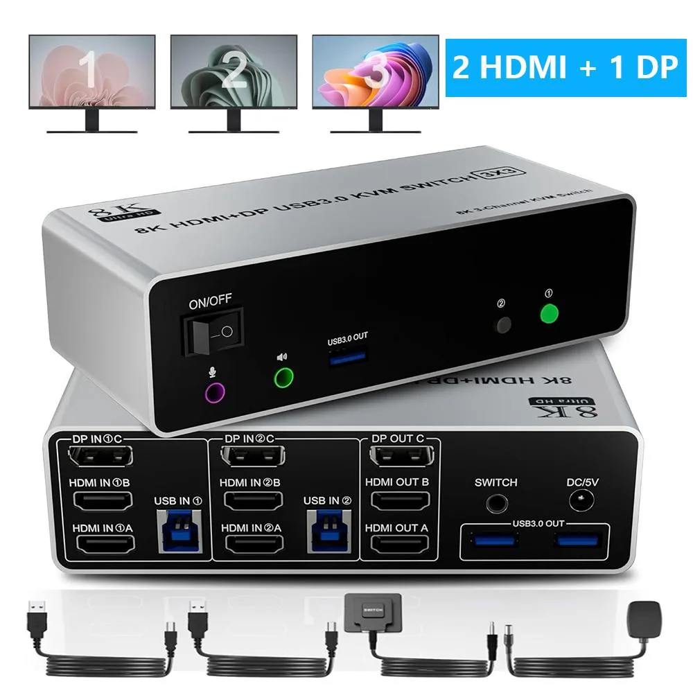 Hitoor Hitoor Triple Monitor KVM Switch 2 HDMI + DisplayPort 2 PCs — product photo