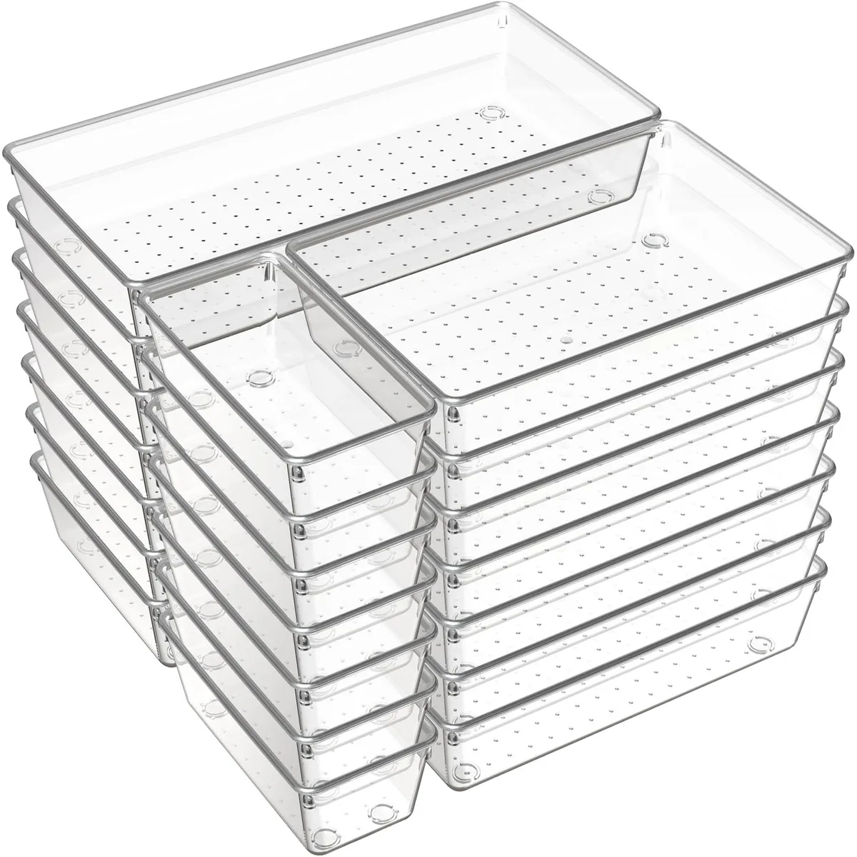 Red 21 piece clear plastic drawer organizer tray set with three sizes and non slip pads
