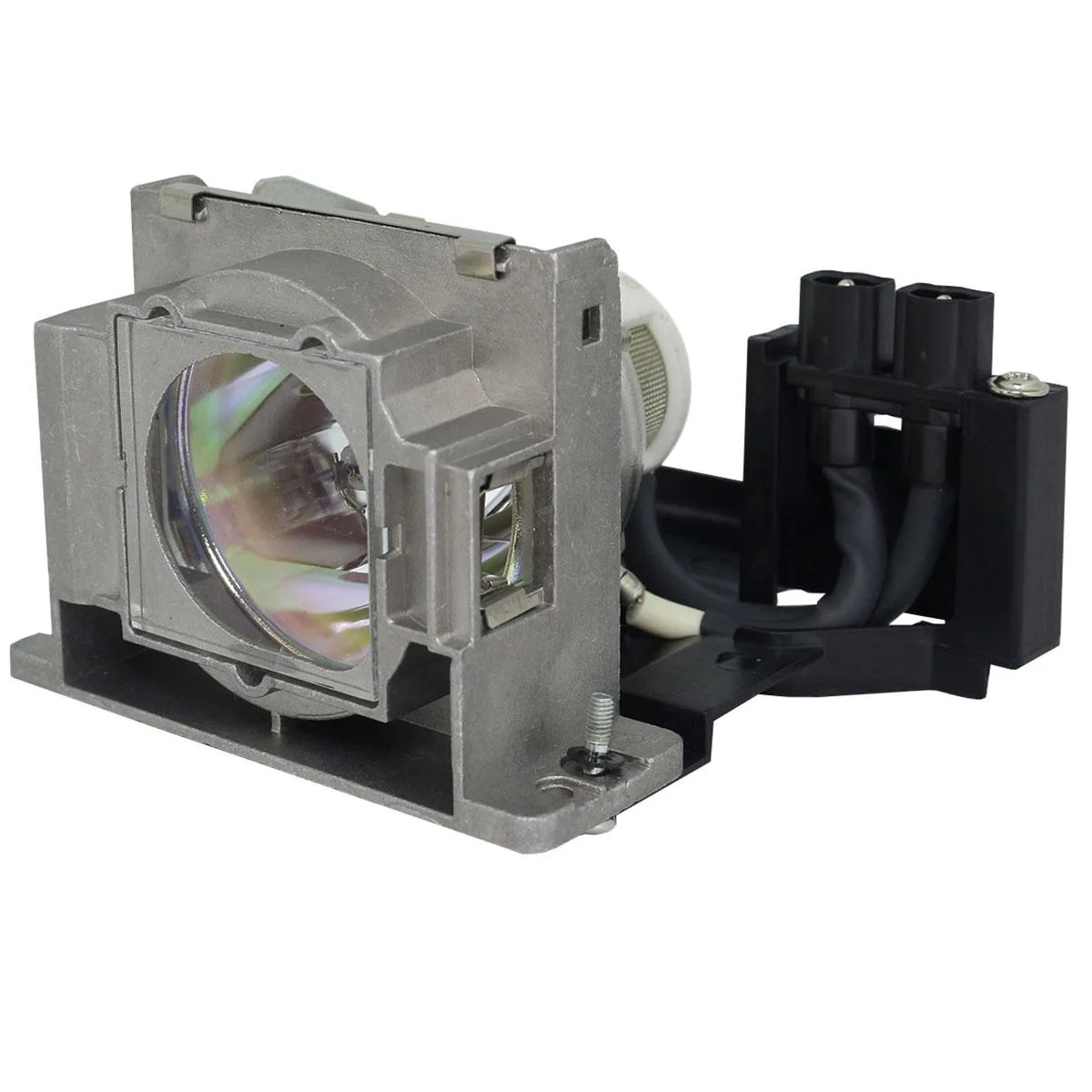 A rectangular projector lamp module in a black plastic housing with a silver metal bracket and a clear glass bulb visible inside