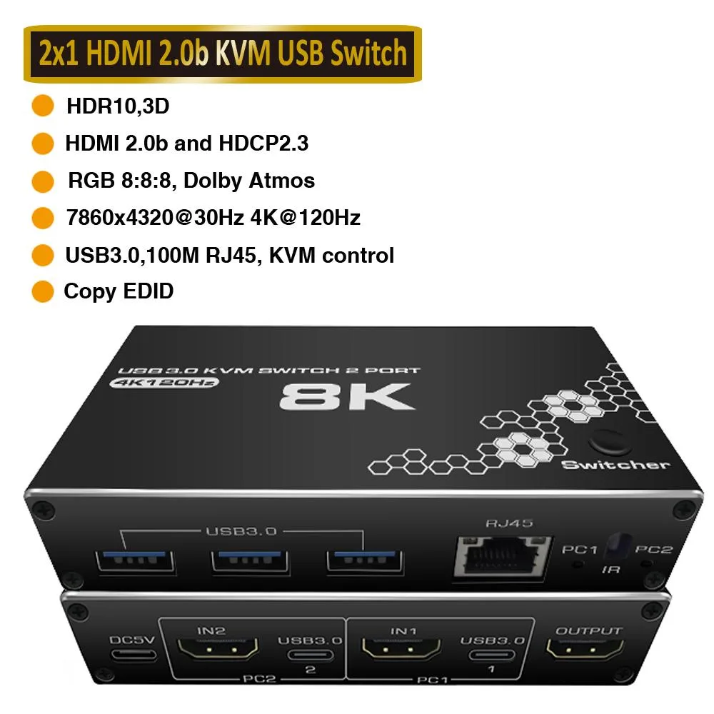 LUOM LUOM OZK1-New 2-Port 8K HDMI KVM Switch 3×USB 3.0 RJ45 — product photo