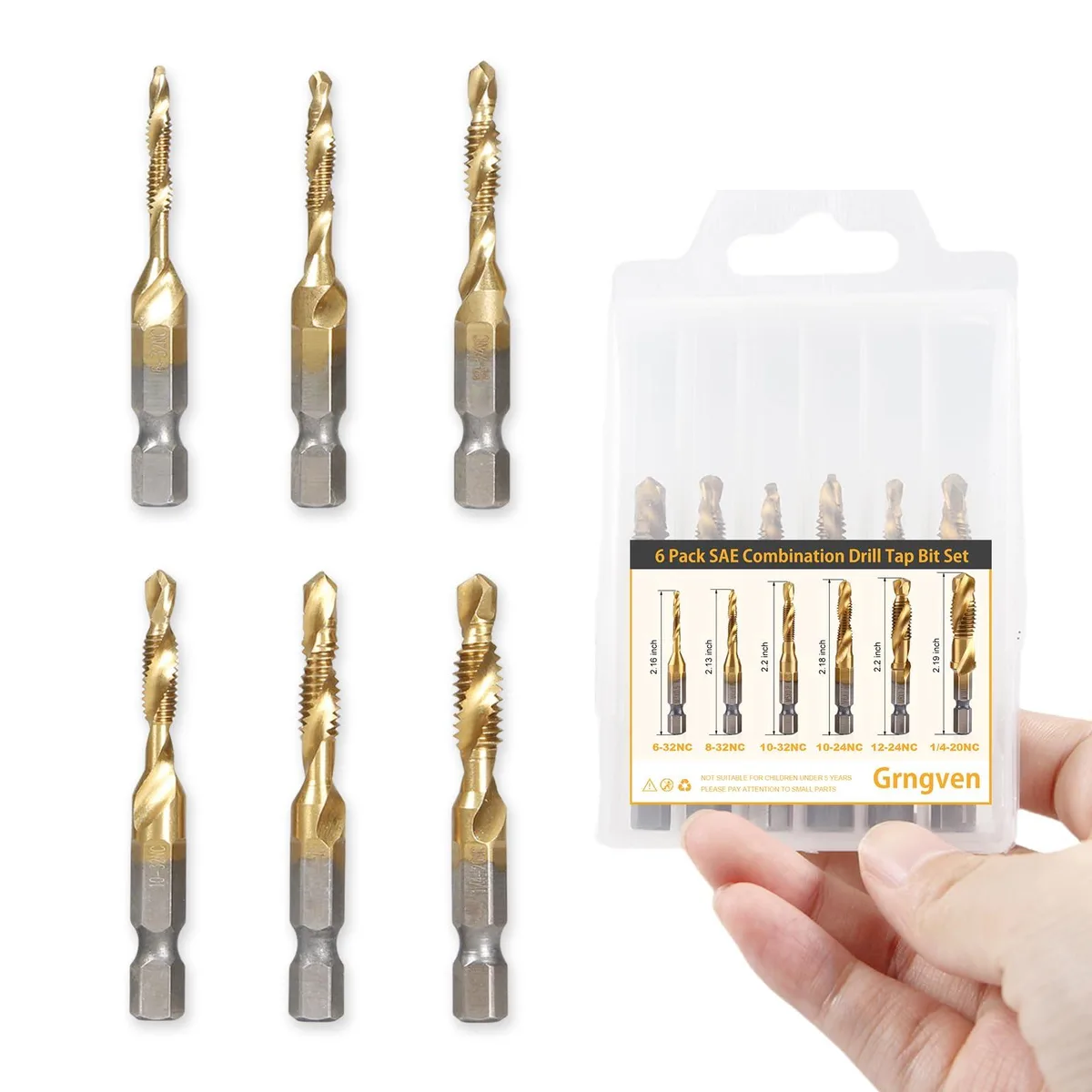 Sixteen titanium-coated steel drill tap bits in plastic case