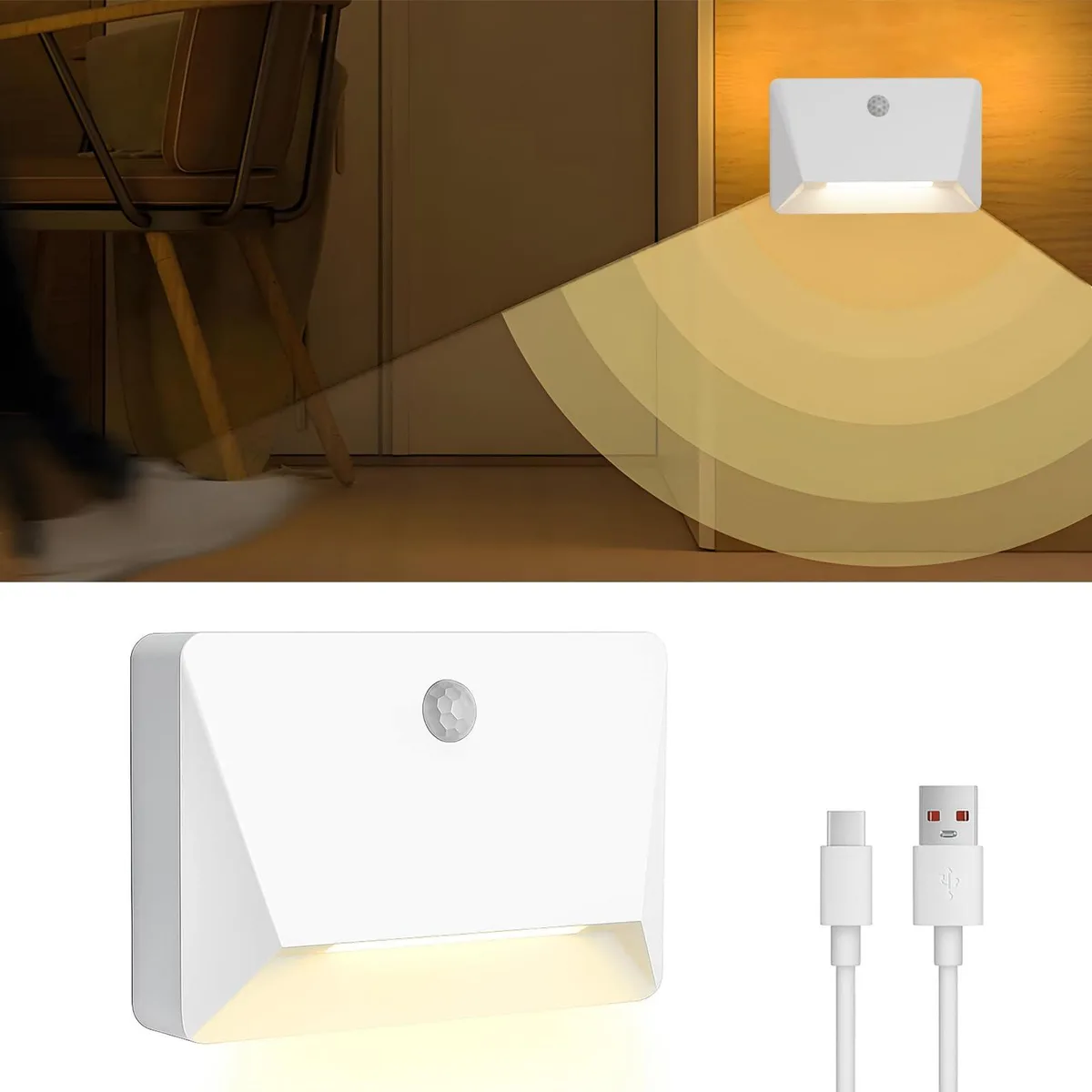 White plastic LED night light with magnetic wall mount, USB-C rechargeable, motion sensor, link mode, 2200mAh battery