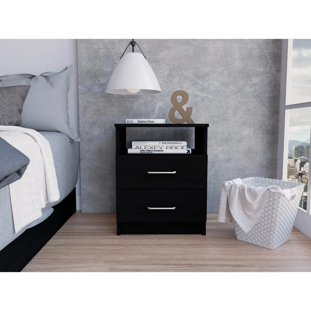 Black particle board nightstand, 20 inches high, two drawers, open shelf