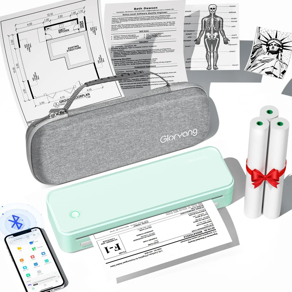 Green portable thermal printer with carry case and paper rolls