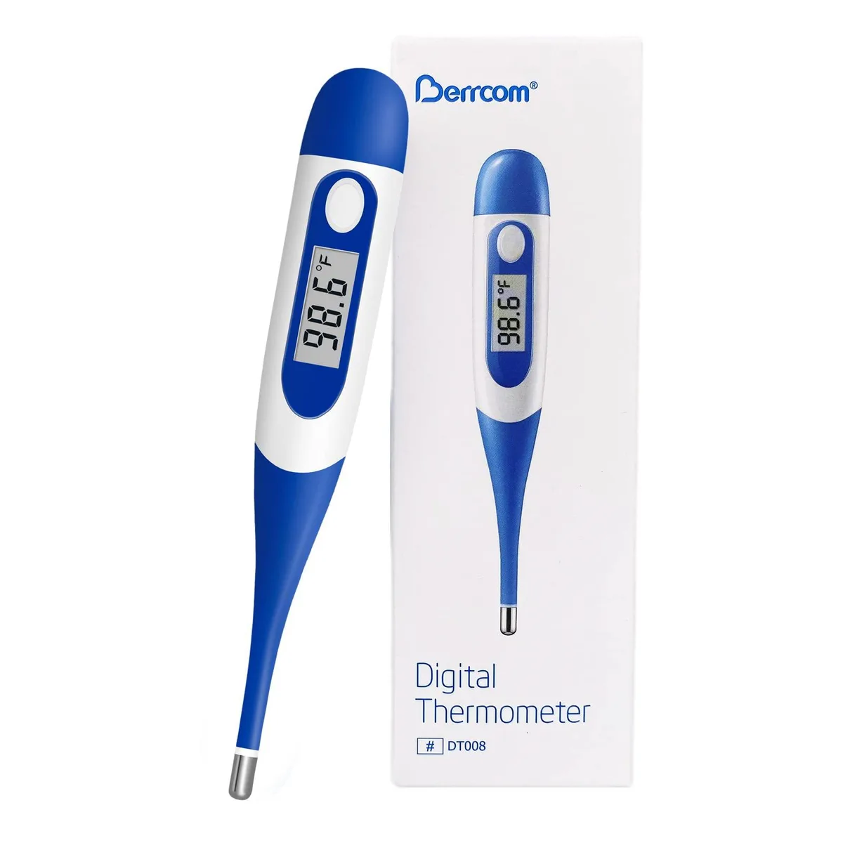 White and blue digital thermometer with soft silicone tip and storage case