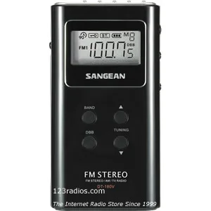 Small black rectangular pocket radio with LCD screen and earbuds