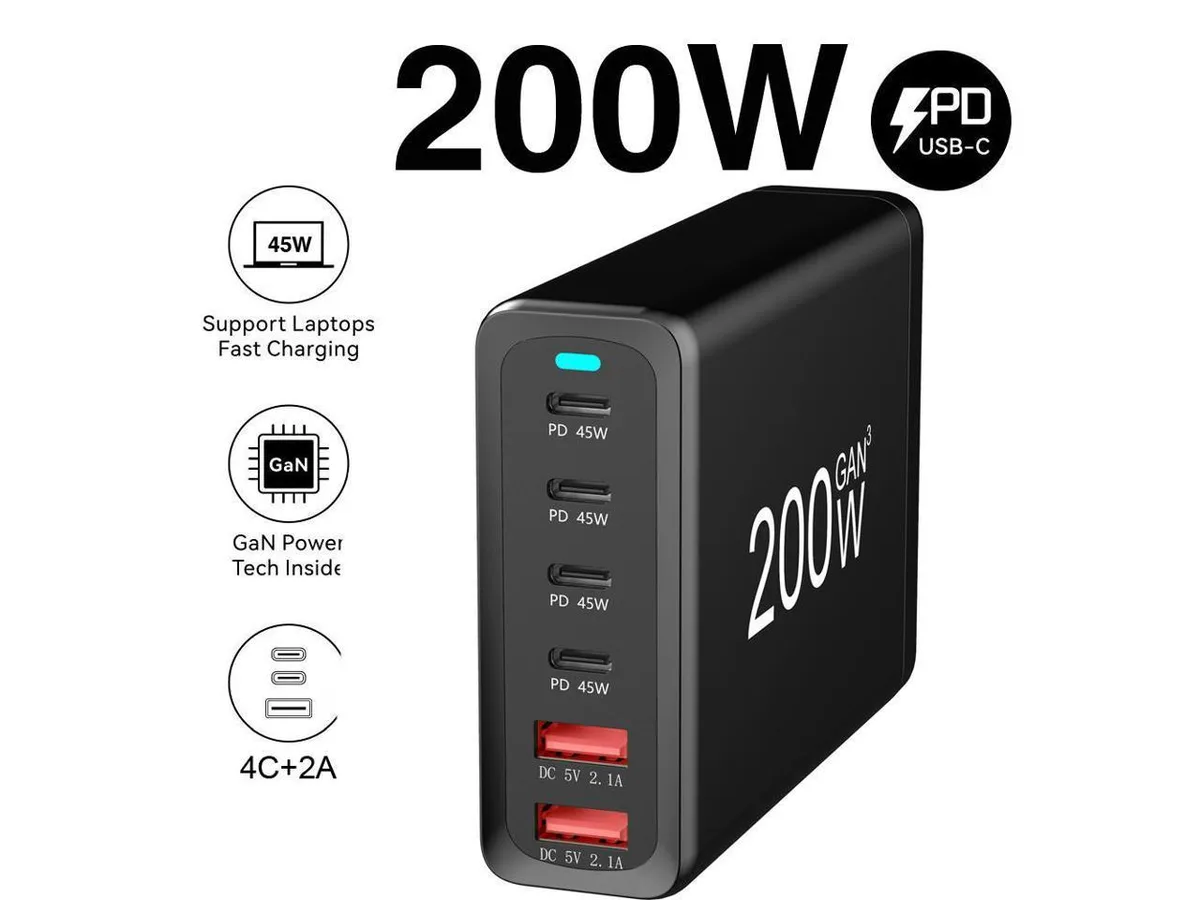 IXJYLCPC IXJYLCPC GaN 200W 6-Port USB-C USB-A Charger QC3.0 PD3.0 — product photo
