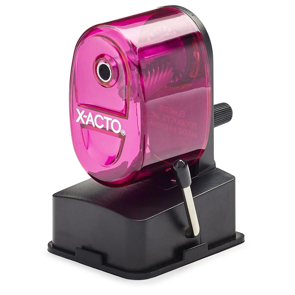 Pink manual pencil sharpener with transparent shavings receptacle and vacuum mount base