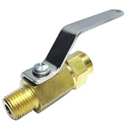 Small brass inline ball valve with lever handle and male female threaded ends