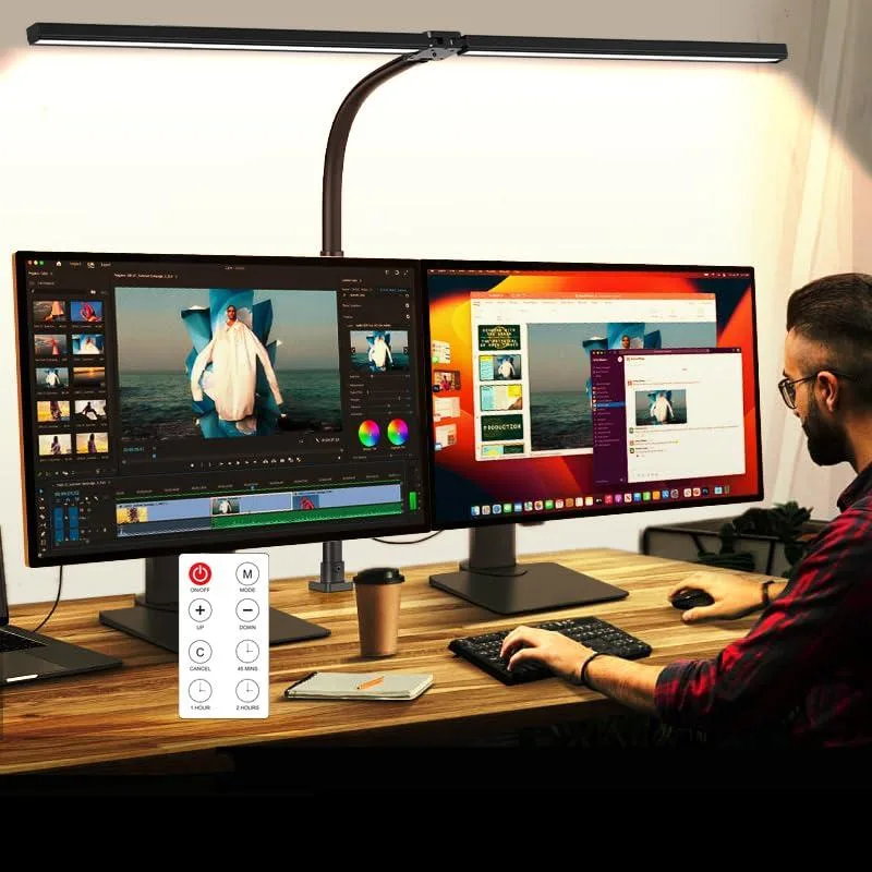 Dual-head LED desk lamp with polished rectangular bars clamp-mounted on a desk