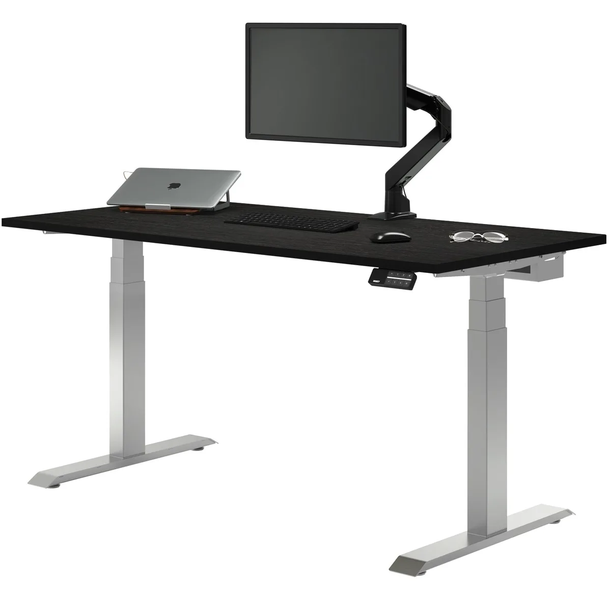 Desky Desky Dual Bamboo Sit Stand Desk Dark Bamboo 60 x 30 in Grommets Grey — product photo