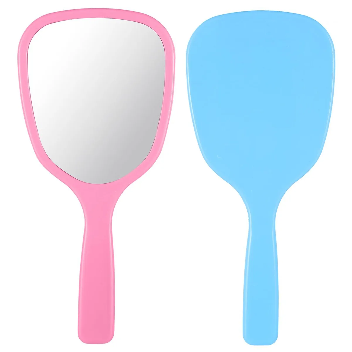 Two oval blue handheld mirrors with handles 7.1 by 3.2 inches