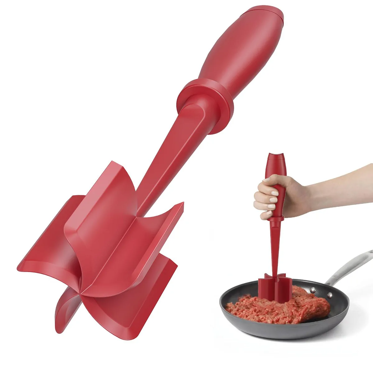 Red nylon meat chopper with five wide beveled blades and ergonomic handle