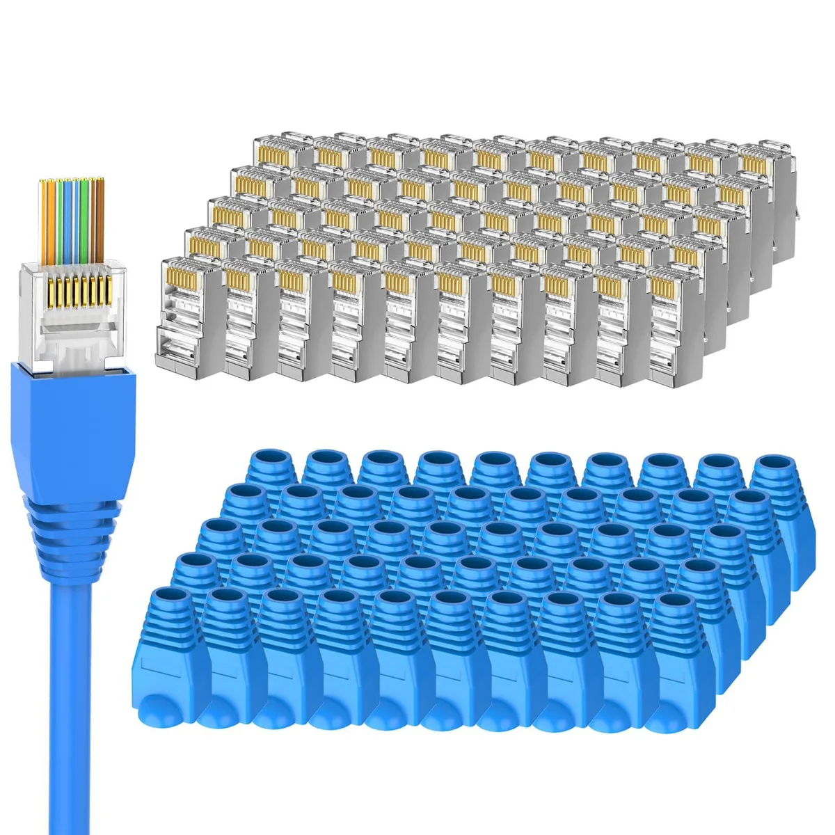  Brileine CAT6-S1 50 shielded pass-through RJ45 connectors + 50 strain relief boots — product photo