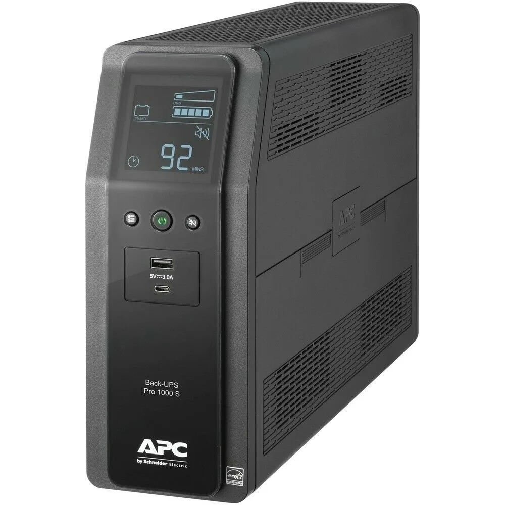 Rectangular black UPS unit with ten front outlets and LCD display