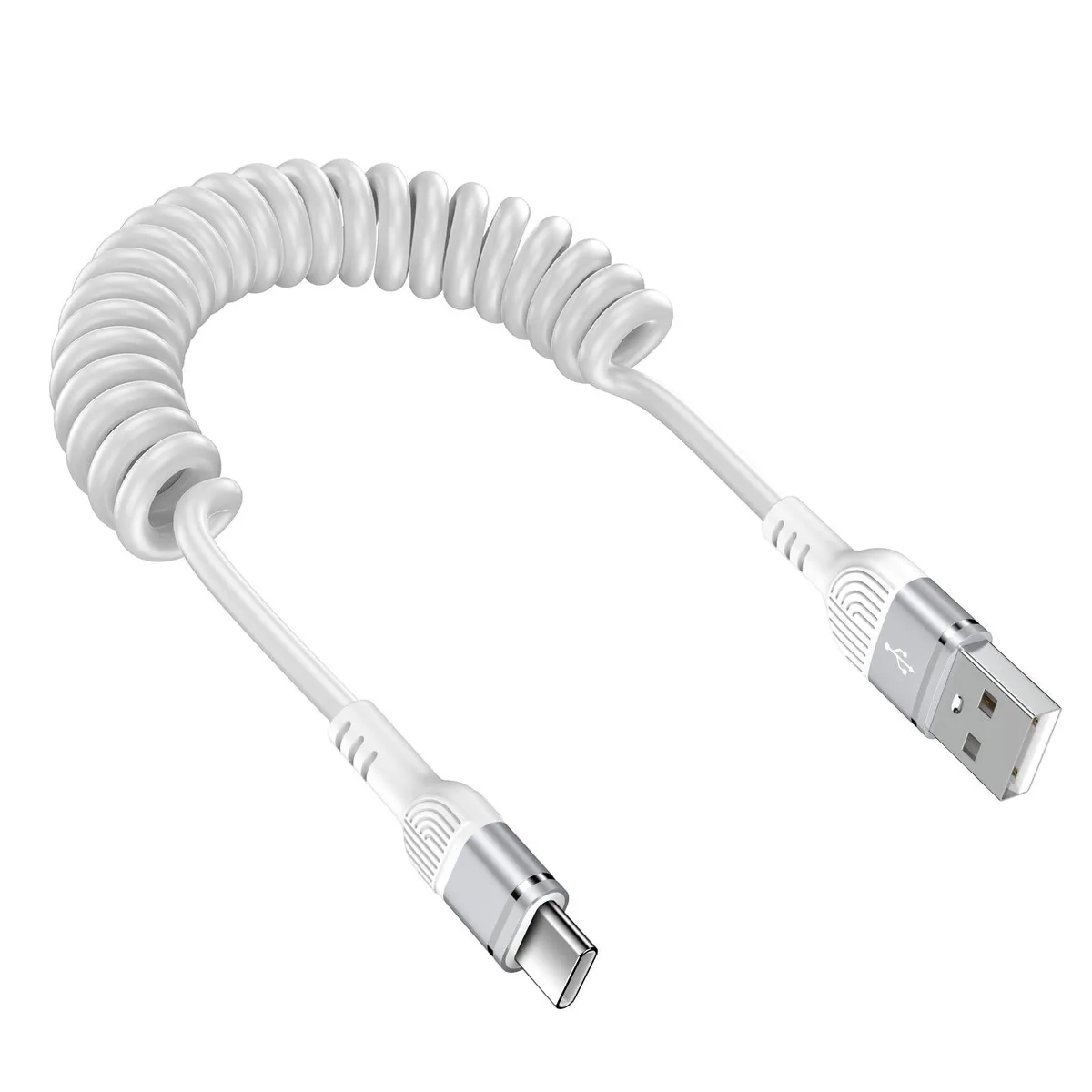 Coiled USB-A to USB-C cable in black, 3 ft extended length