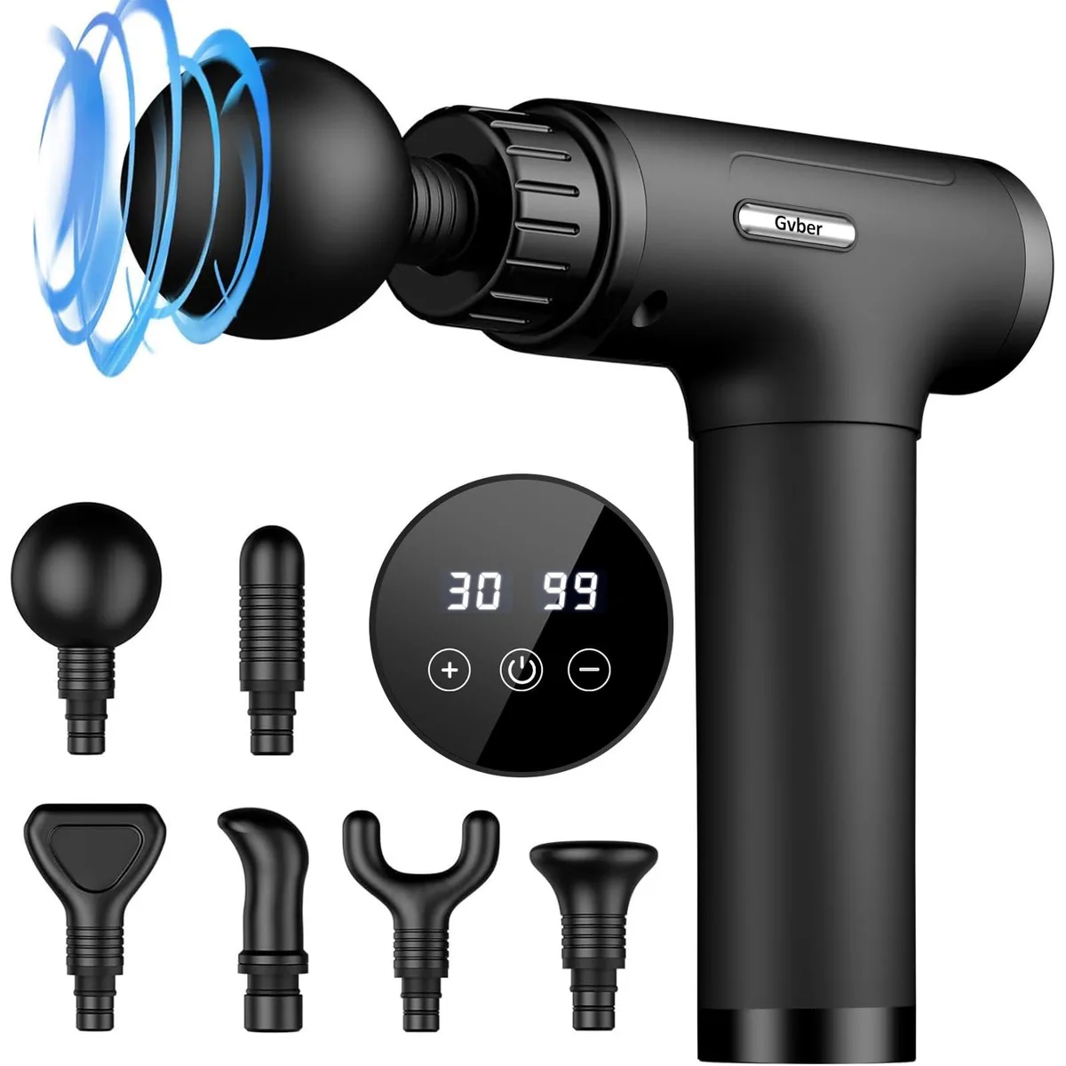 Black handheld percussion massage gun with ergonomic grip and LED display