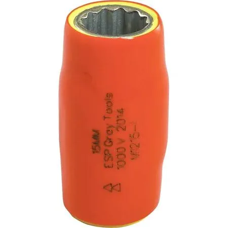 Gray Tools 15mm 1/2" drive 12-point insulated socket with orange and yellow safety layers