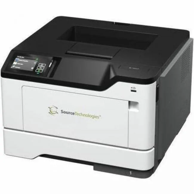 Rectangular white office laser printer with paper tray and control panel