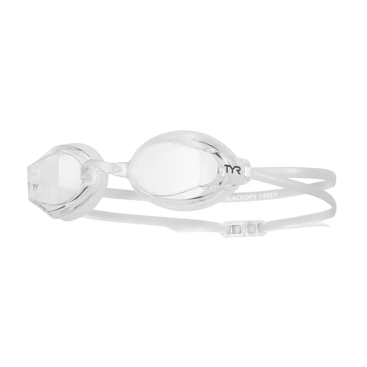 Clear low-profile swim goggles with wide curved lenses and adjustable strap