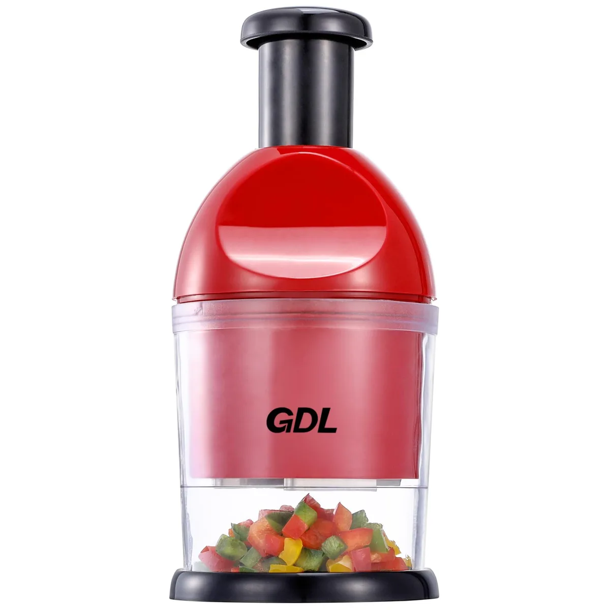 Red square manual food chopper with slap-down presser and stainless steel blades