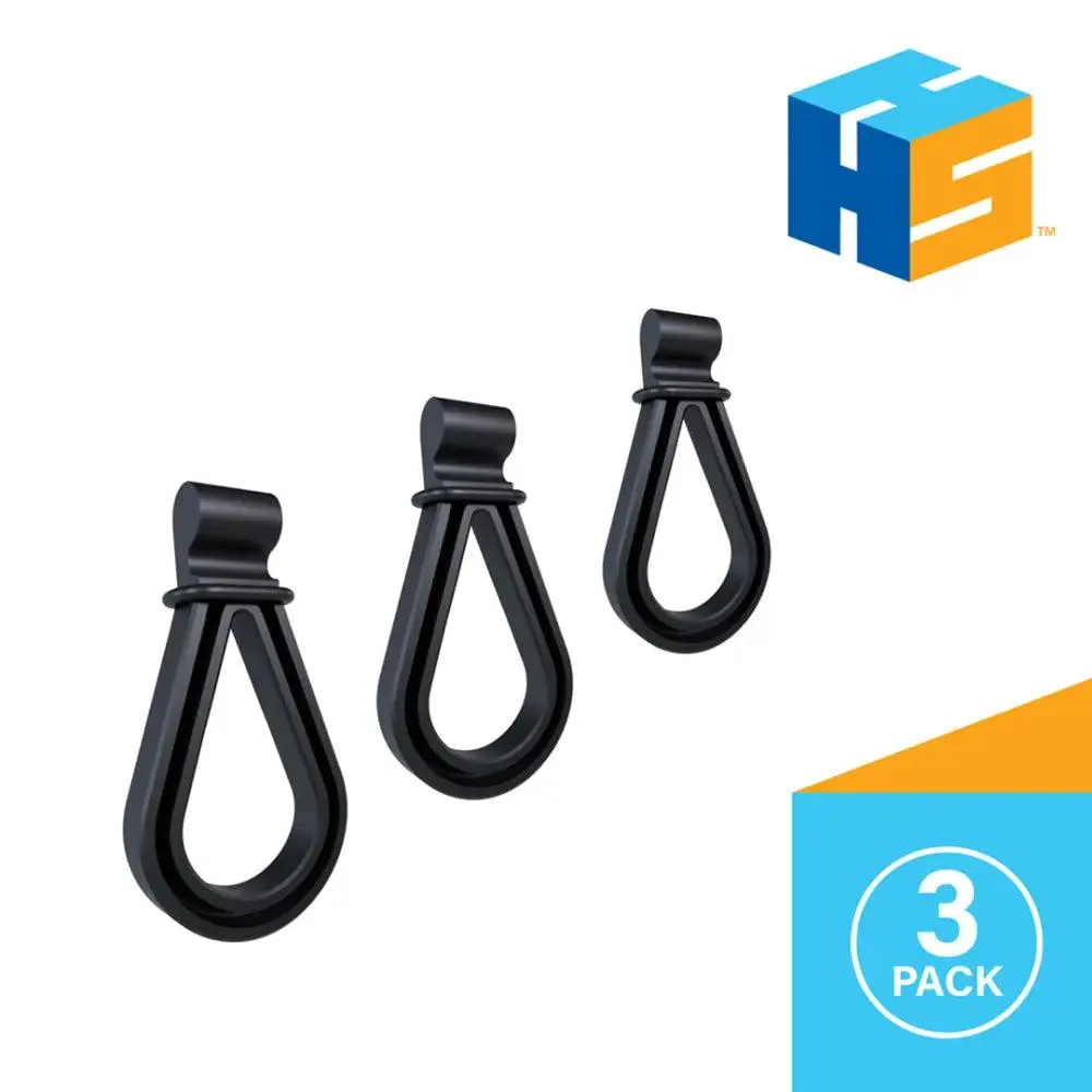 Three black rubber teardrop loops on plastic bases