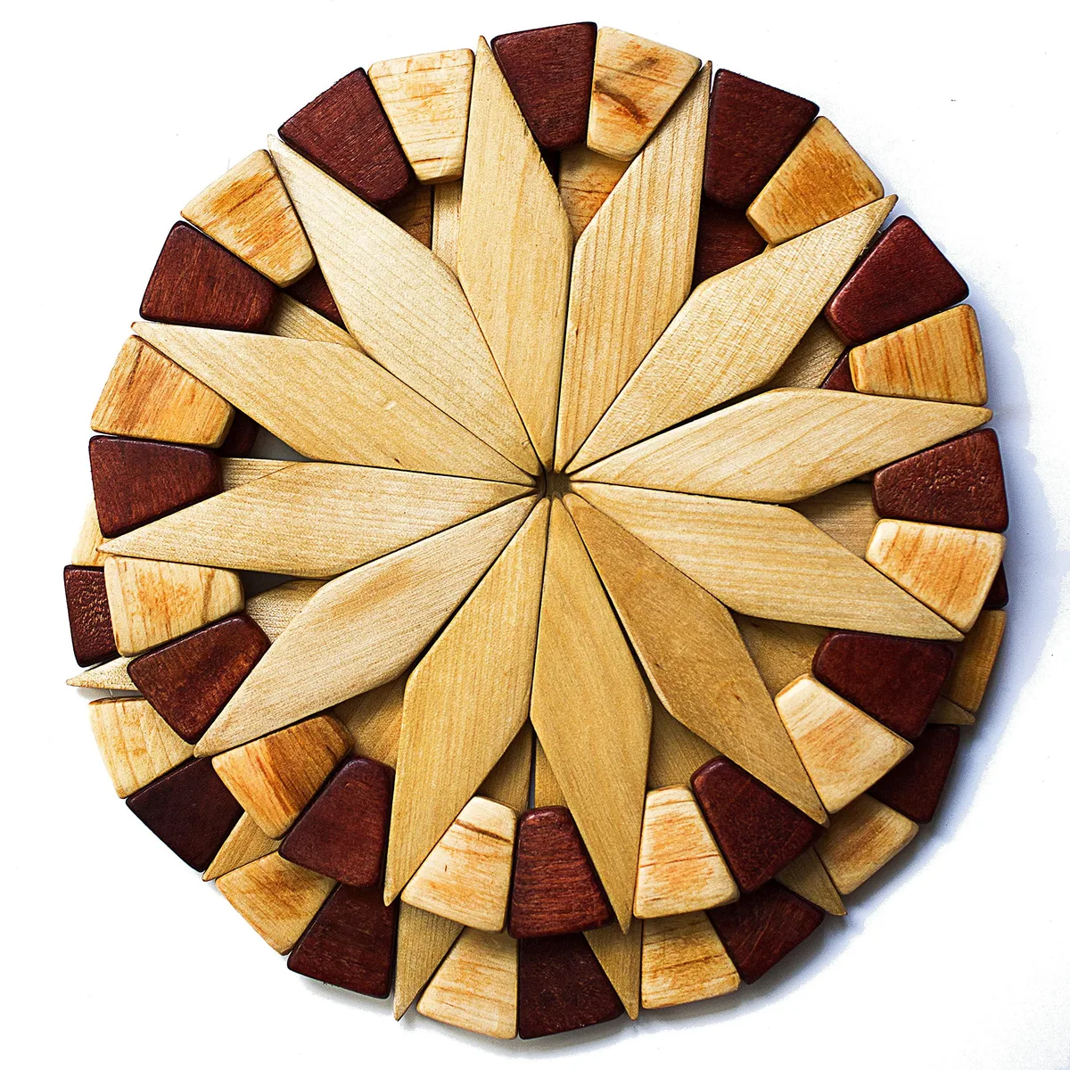 Two round natural beechwood trivets, light grain, smooth finish