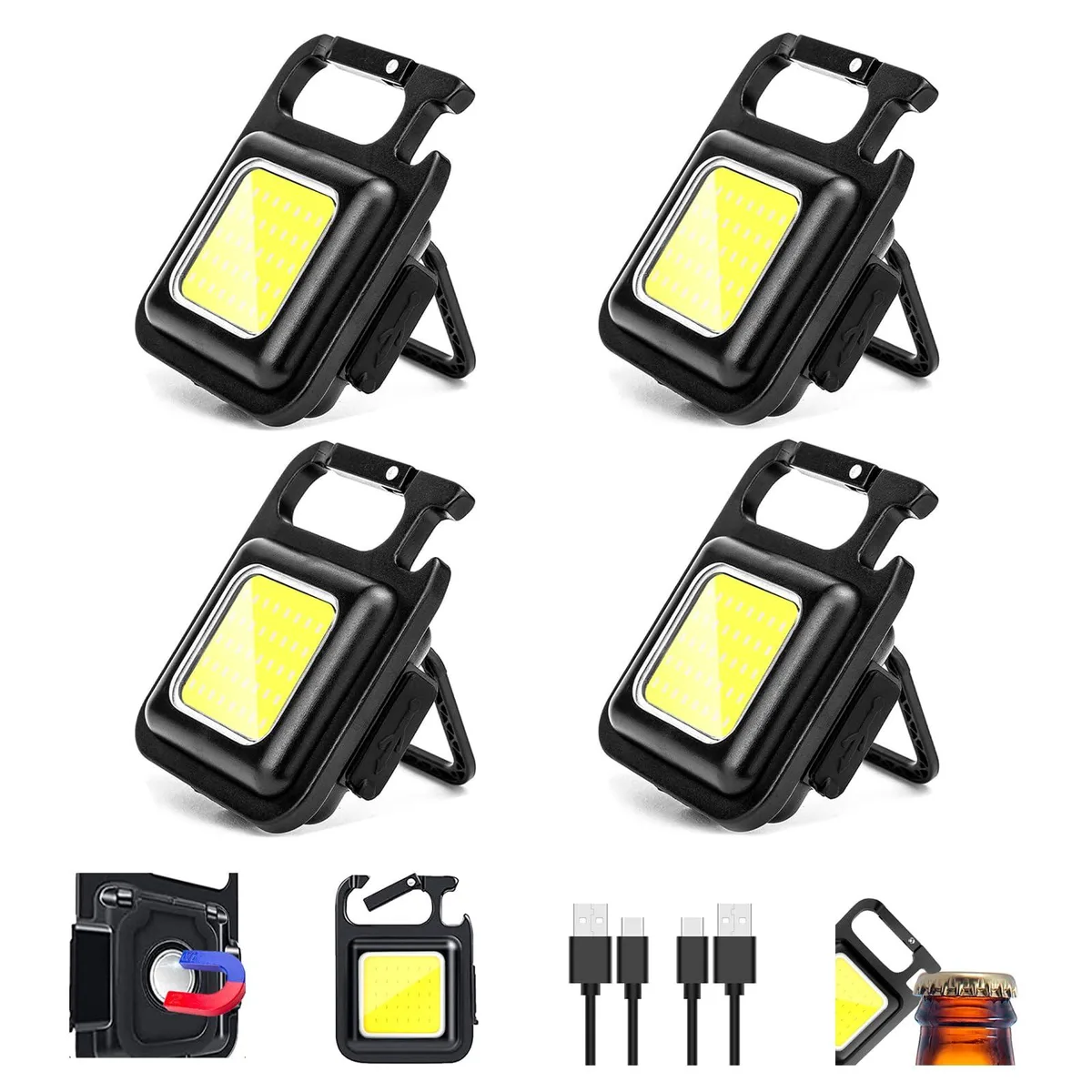 Four square aluminium keychain flashlights with clips magnets and bottle openers