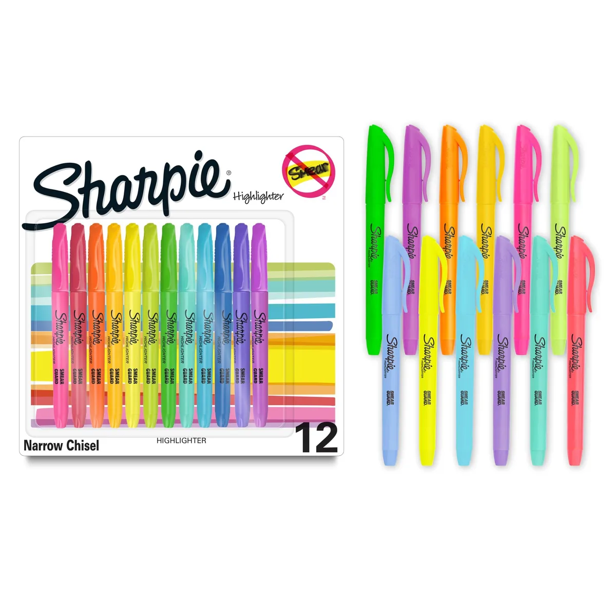 Twelve slim cylindrical highlighters in assorted fluorescent colors, chisel tips visible, plastic barrels, pocket clip on each