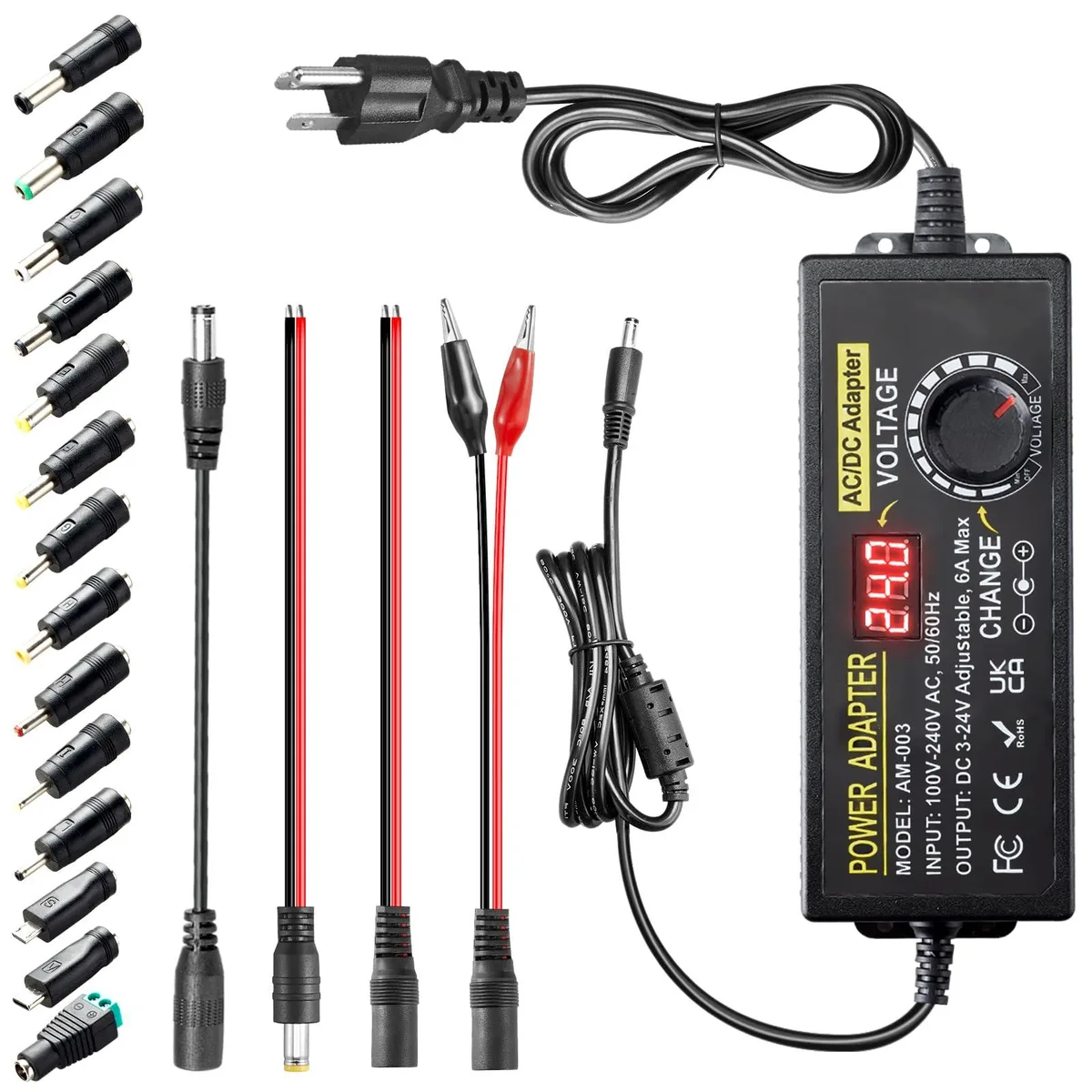  3V-24V 6A 144W Adjustable Power Supply 14 Tips Test Leads — product photo