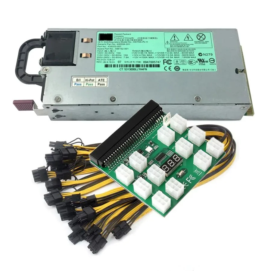 WMtec WMtec 1200W Server Mining Power Supply 490594-001 HSTNS-PL11 Breakout Board 12pcs PCIe 6Pin to 6+2Pin Cable — product photo