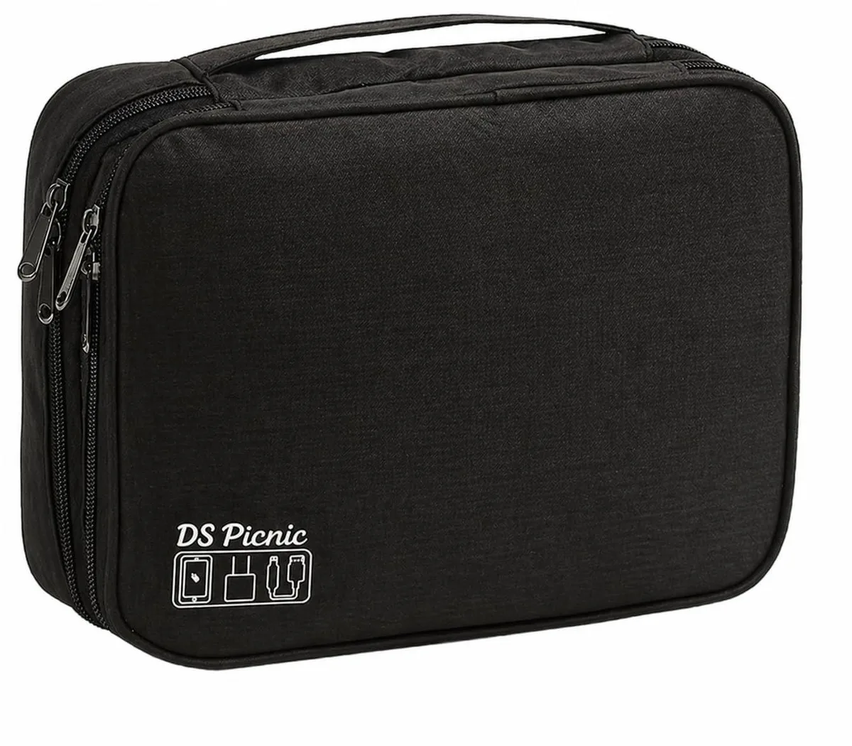 Black rectangular electronics organizer case with zipper closure, padded interior, double-layer compartments