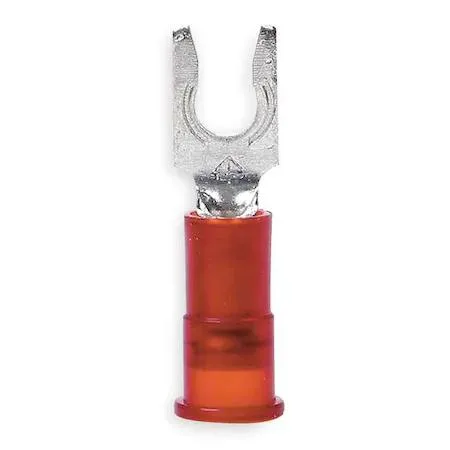 Red nylon insulated fork terminal, #6 stud, 18 AWG, pack of 100