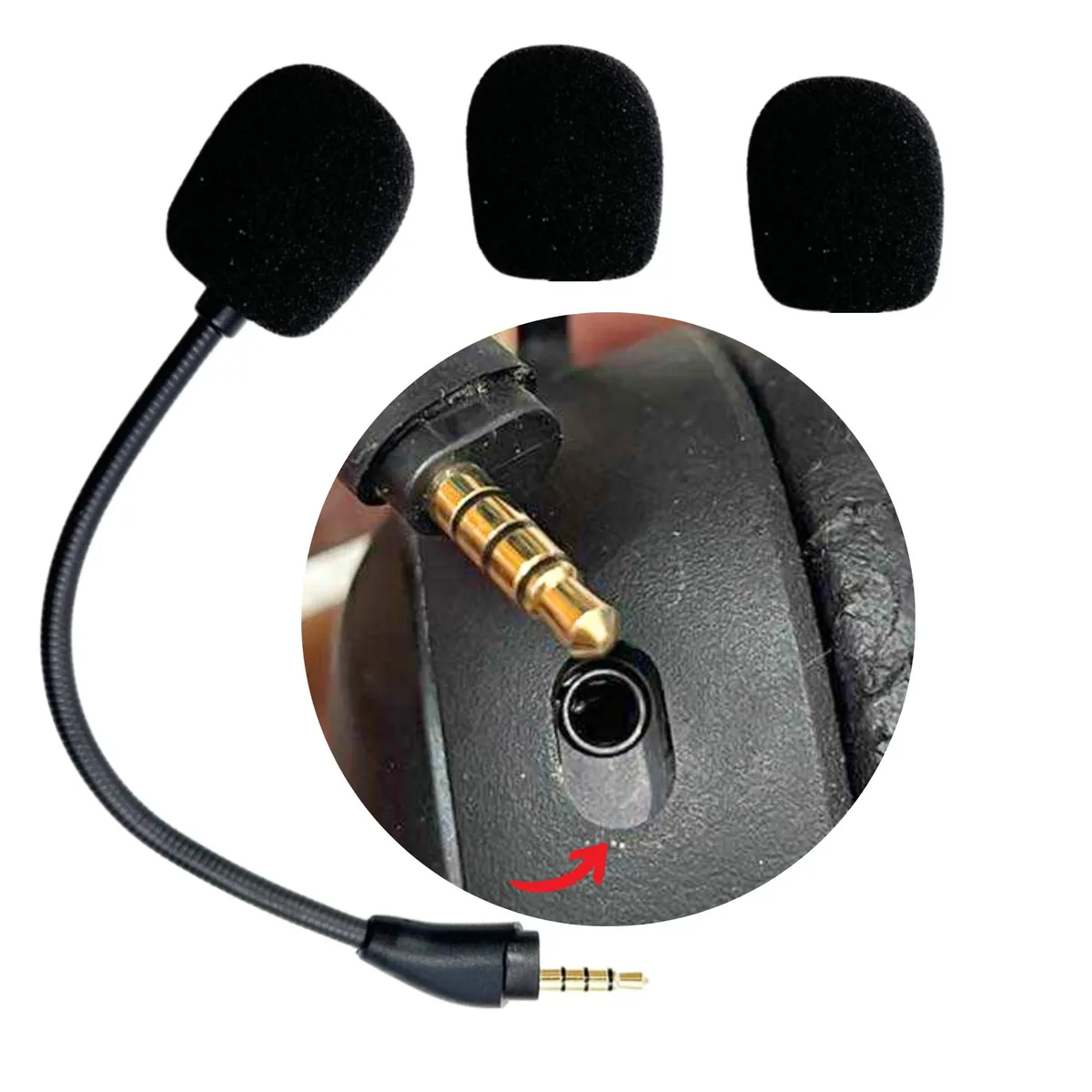 Black 3.5 mm boom microphone with flexible gooseneck and foam windscreen