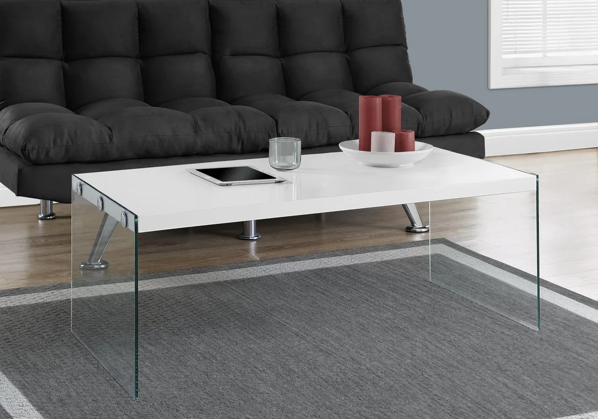 Rectangular white laminate table with clear tempered glass sides, 44 by 22 by 16 inches
