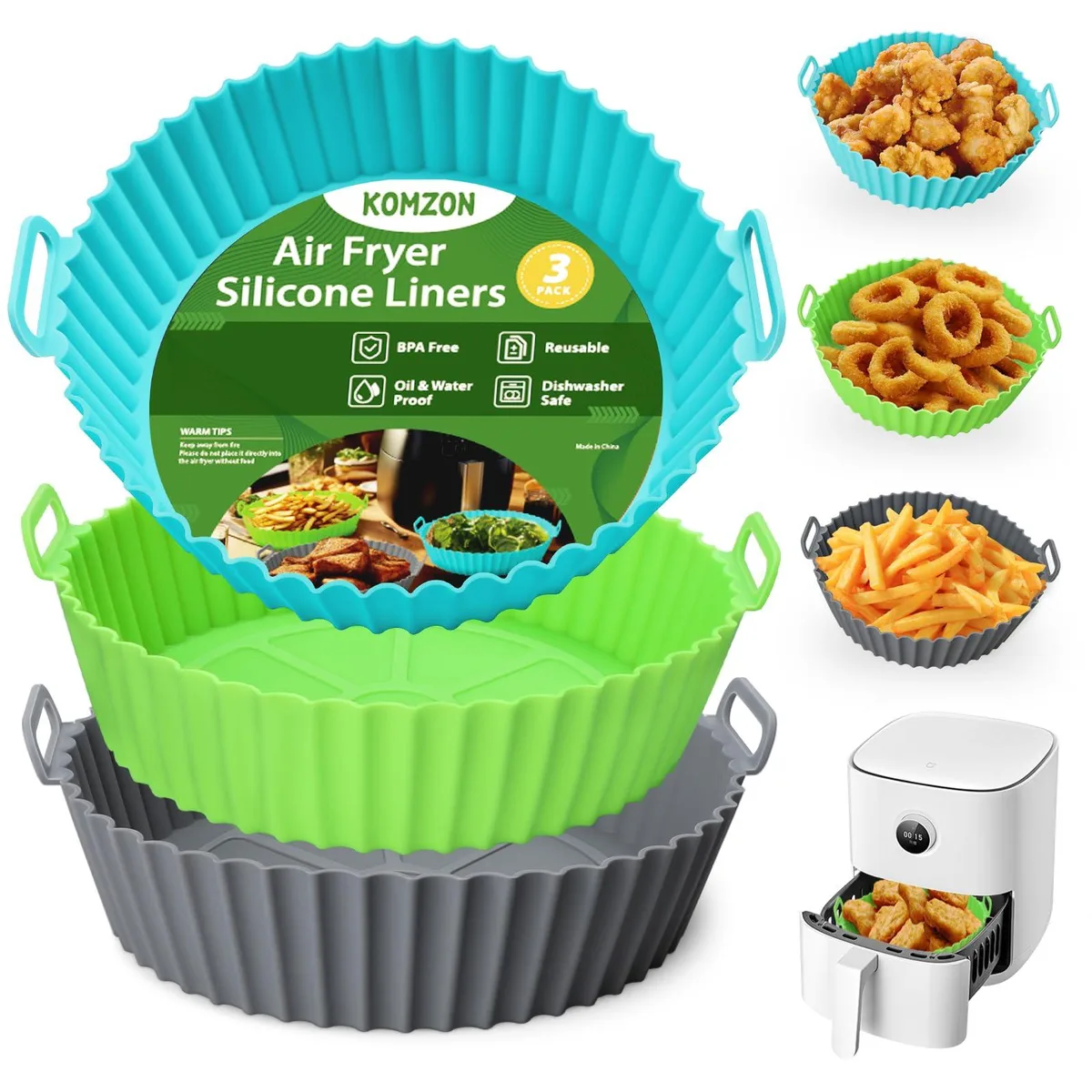 Three round silicone air fryer liners in blue, green and grey with raised lines and side handles