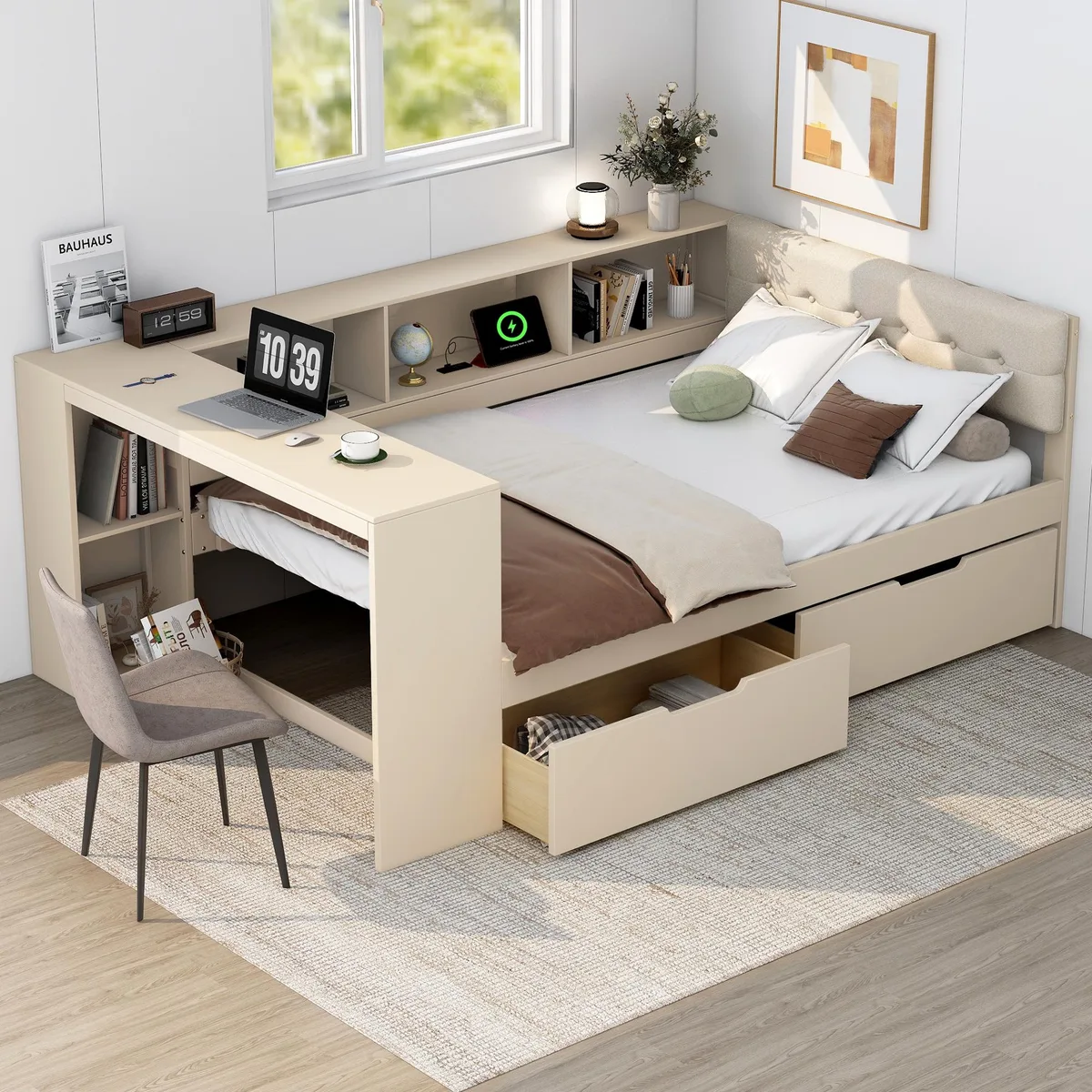 Cream wooden platform bed with upholstered headboard, storage shelves, drawers and charging station
