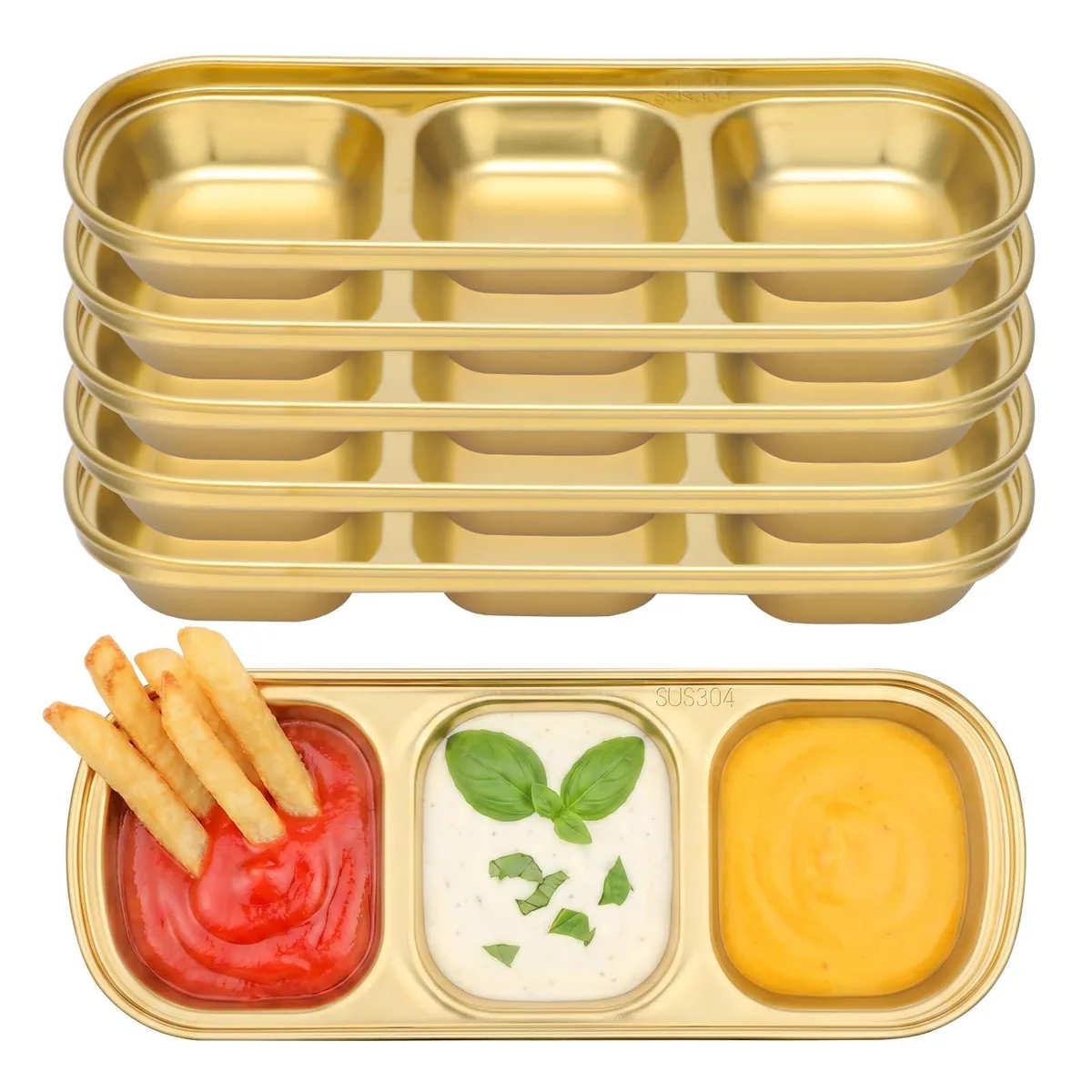 DNBeffulgent DNBeffulgent 304(18/8) Stainless Steel Sauce Dish 6 Pack 3 Compartment Gold Serveware — product photo