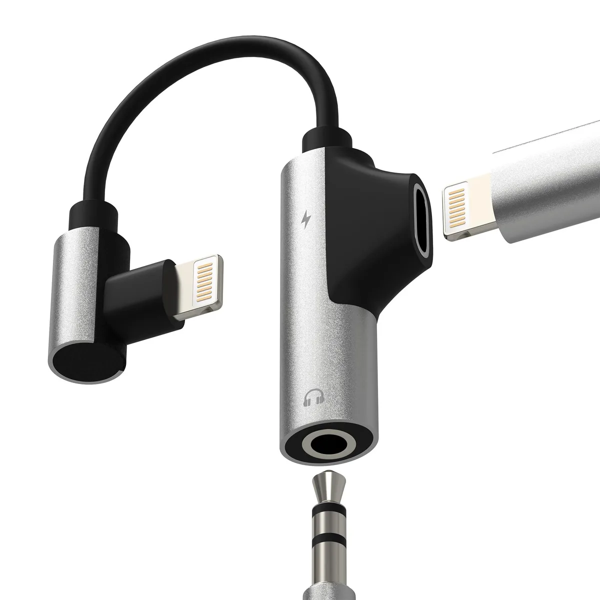 Black L-shaped Lightning splitter with 3.5mm jack and charging port