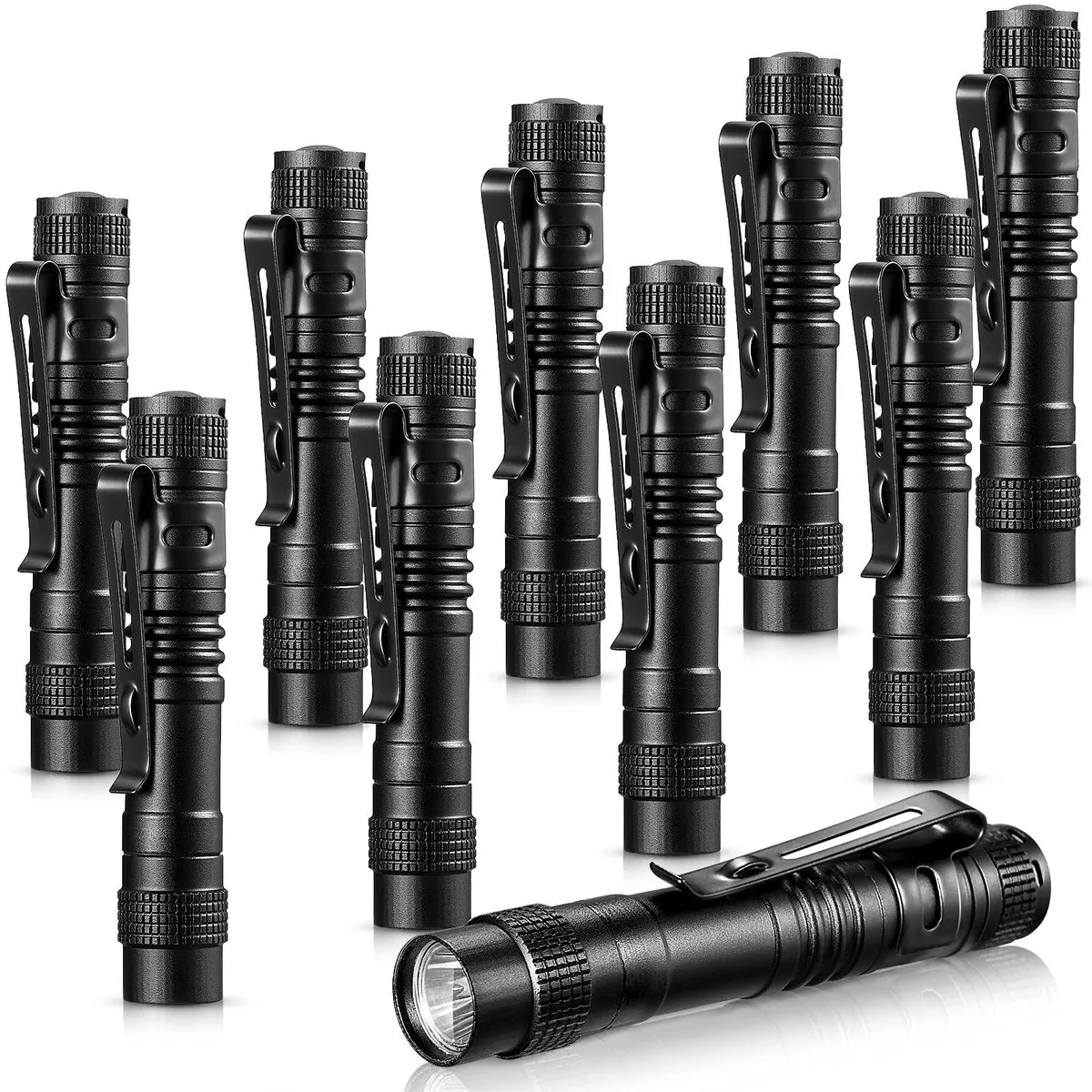 Ten silver aluminium pen flashlights with pocket clips, 3.5 inches each