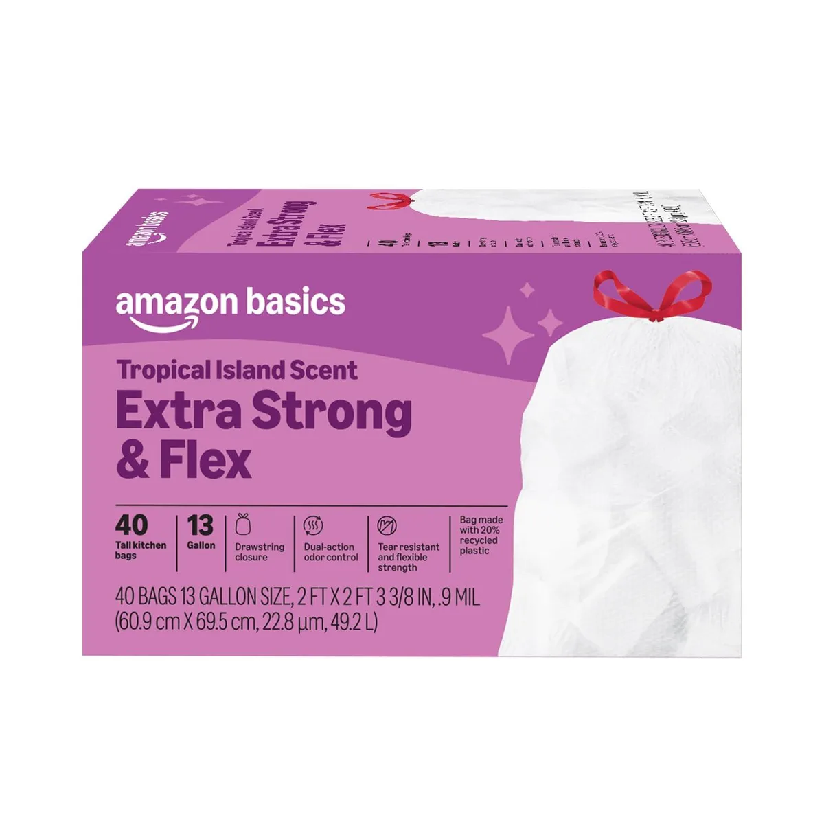 White 13-gallon drawstring trash bags in rectangular box, 40-count pack