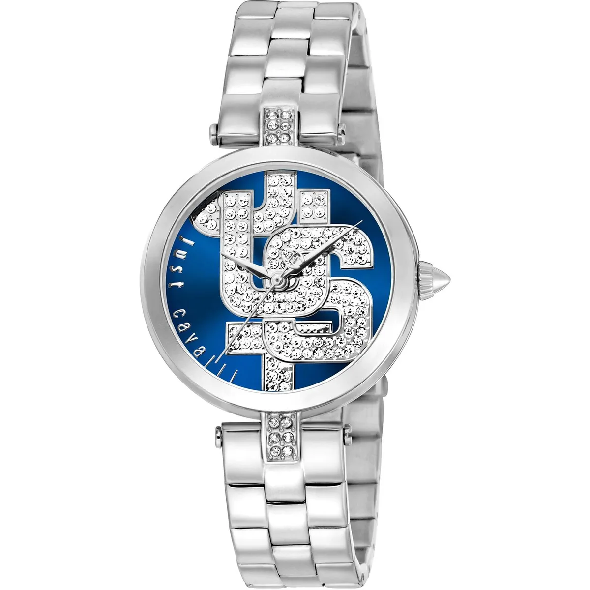 Silver stainless steel watch with blue dial and metal bracelet