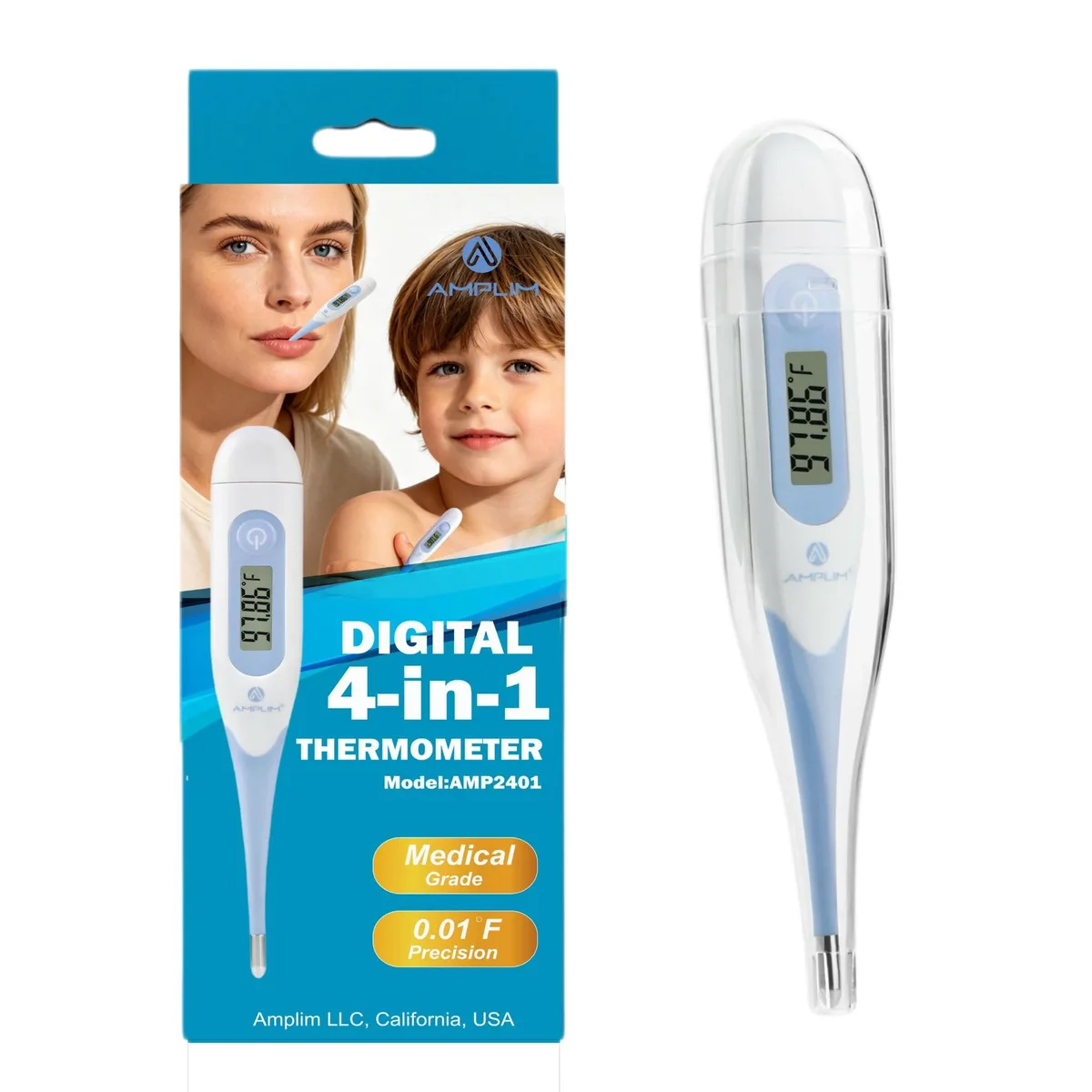 Blue digital basal thermometer with flexible waterproof tip