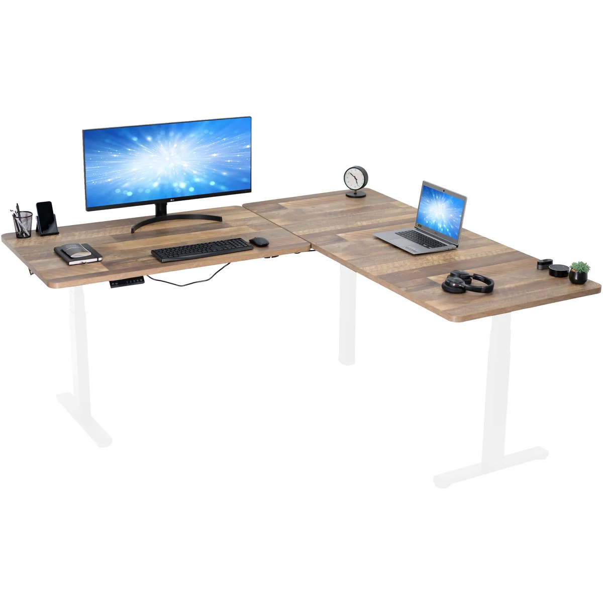 VIVO VIVO Electric Corner Desk 77" x 71" Reclaimed Wood White Frame — product photo