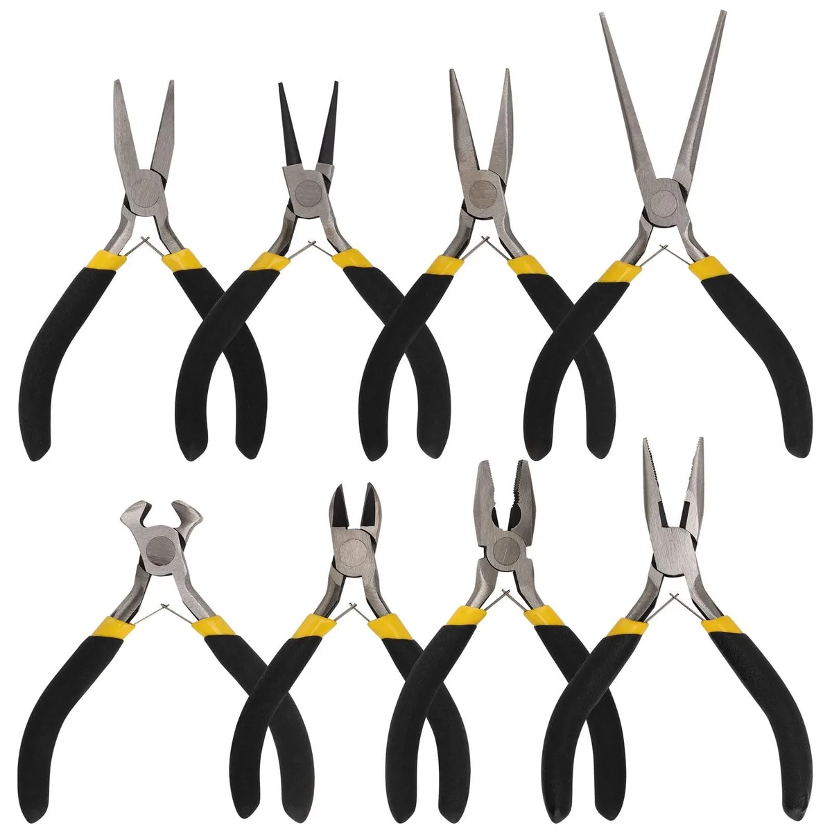 Eight chrome-finish steel pliers in various jaw shapes, metal handles, compact set