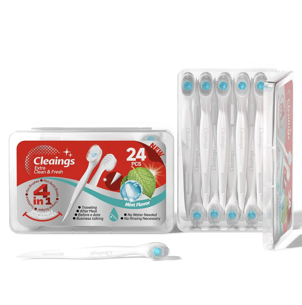 Box of 48 white disposable mini toothbrushes with mint flavor